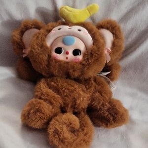 Baby Three Cute Brown Plush Monkey Cosmetic/Pencil with Blue and Yellow Accents